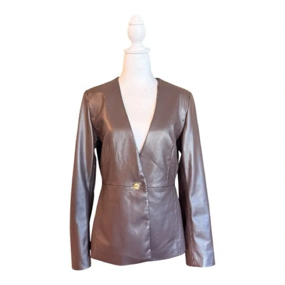 Elie Tahari V-Neck Vegan Leather Single Button Jacket, Chocolate Brown - Picture 3 of 7